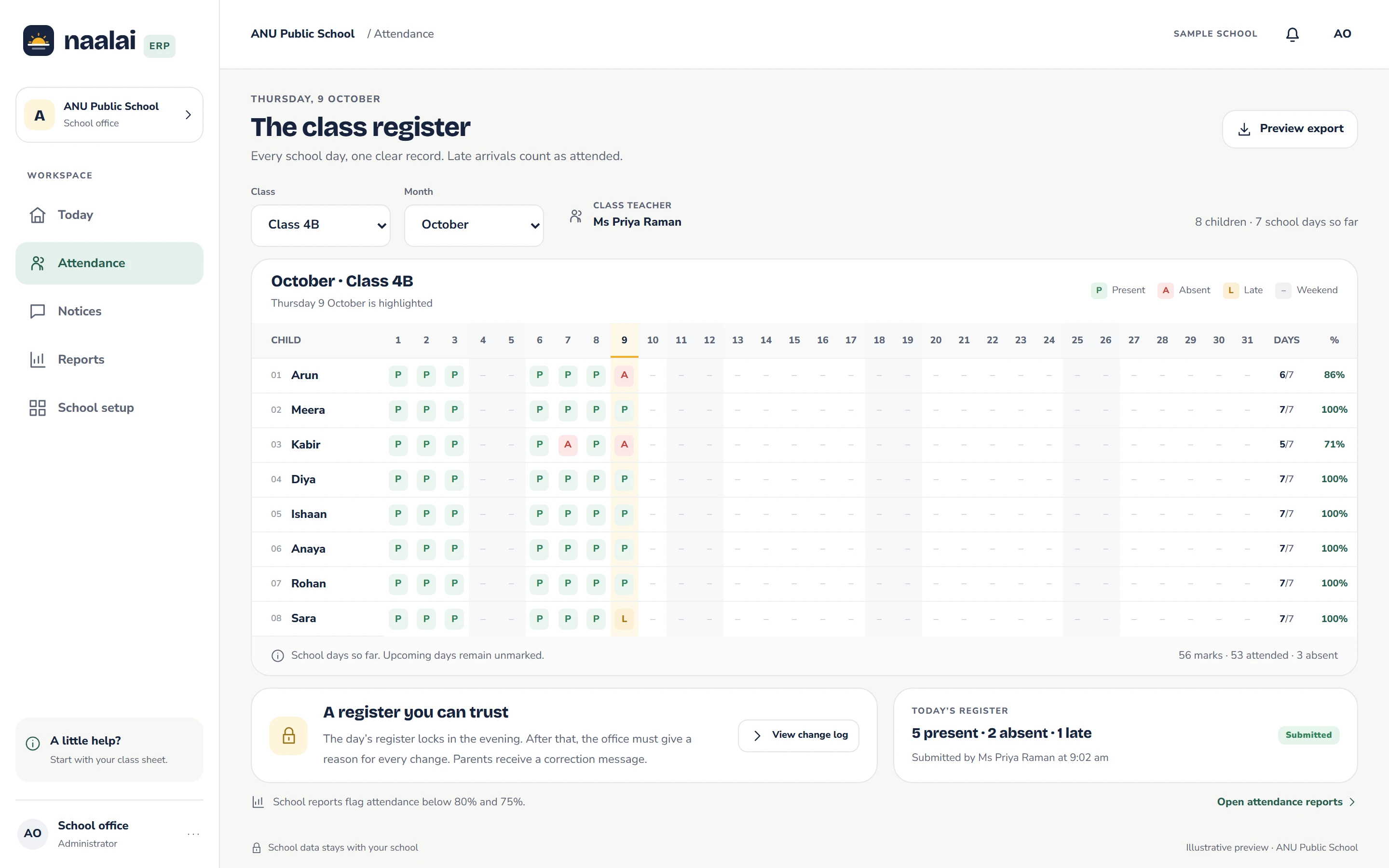 The monthly attendance register with a change log