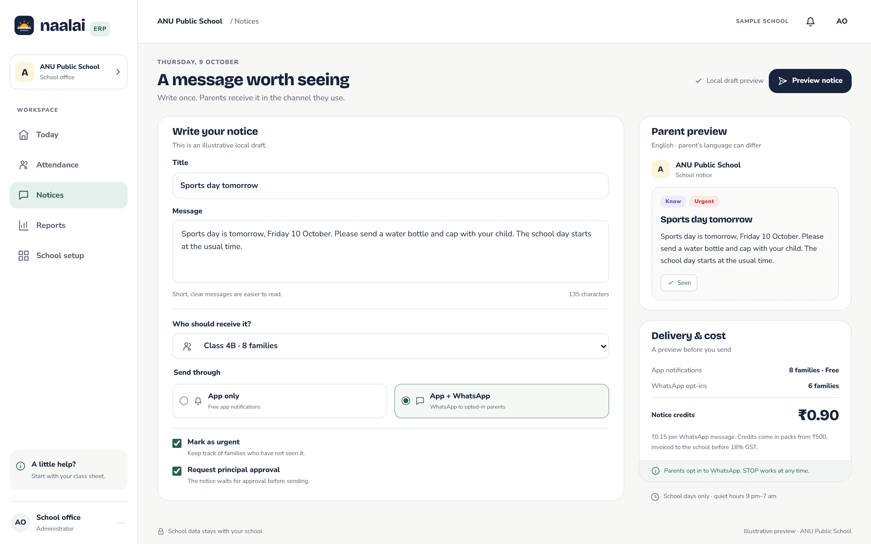 The notice composer: audience, principal approval, app or app and WhatsApp