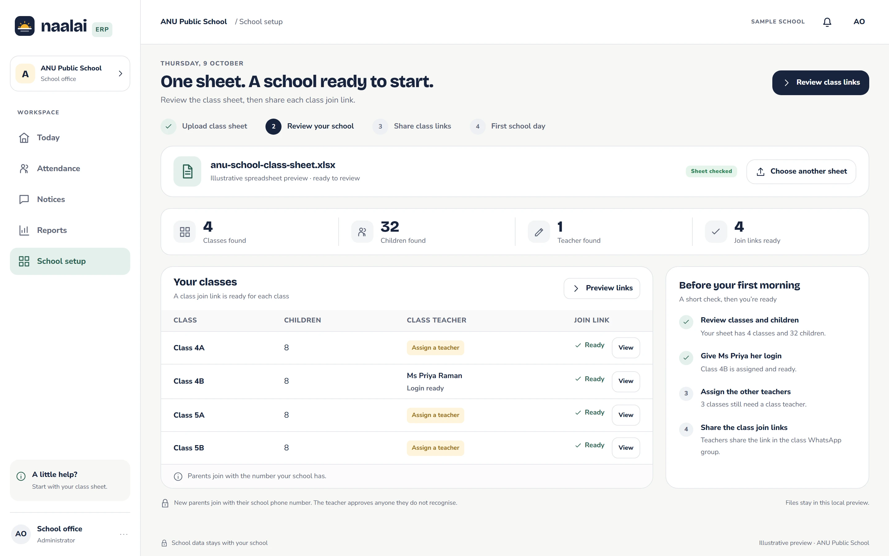 School setup from one spreadsheet: teachers, classes and class join links