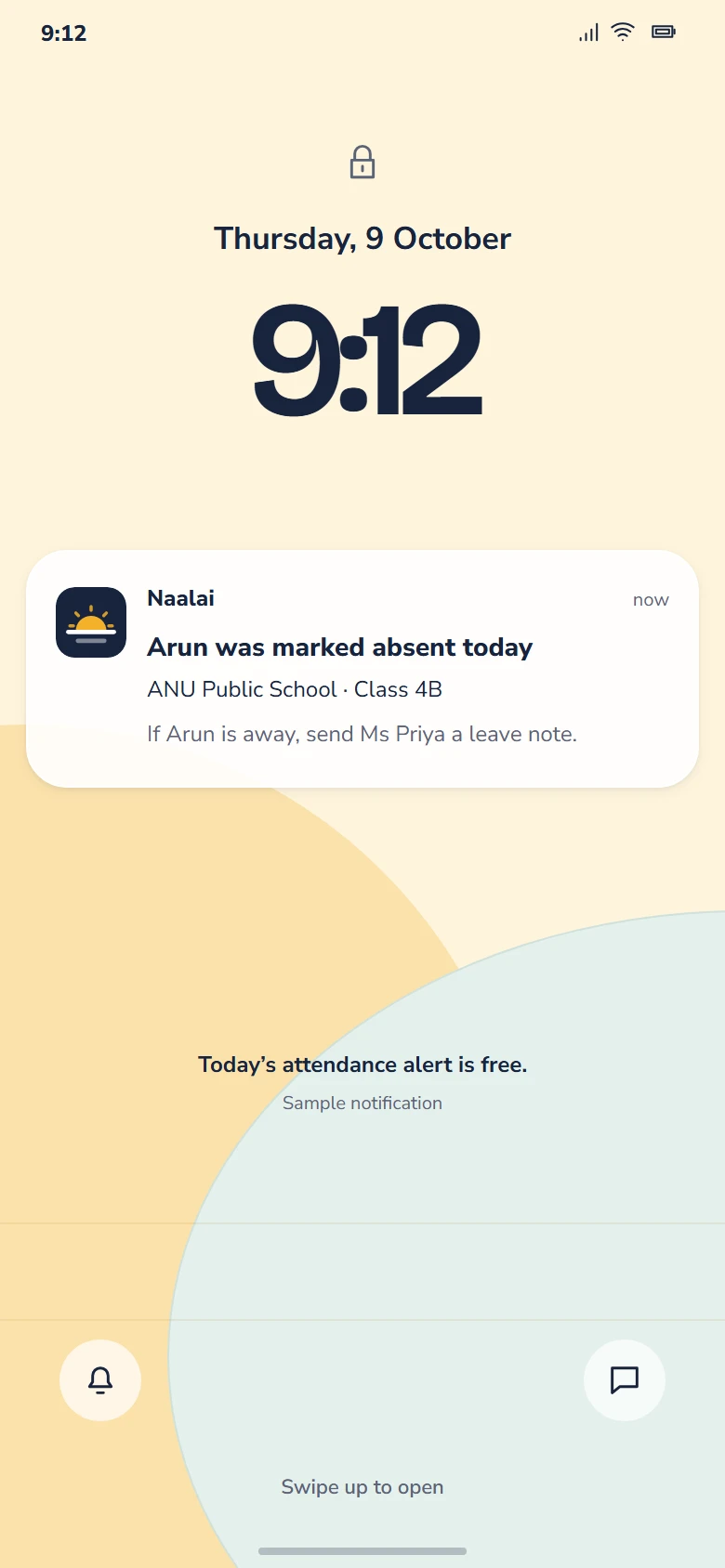 A parent’s phone showing: Arun was marked absent today