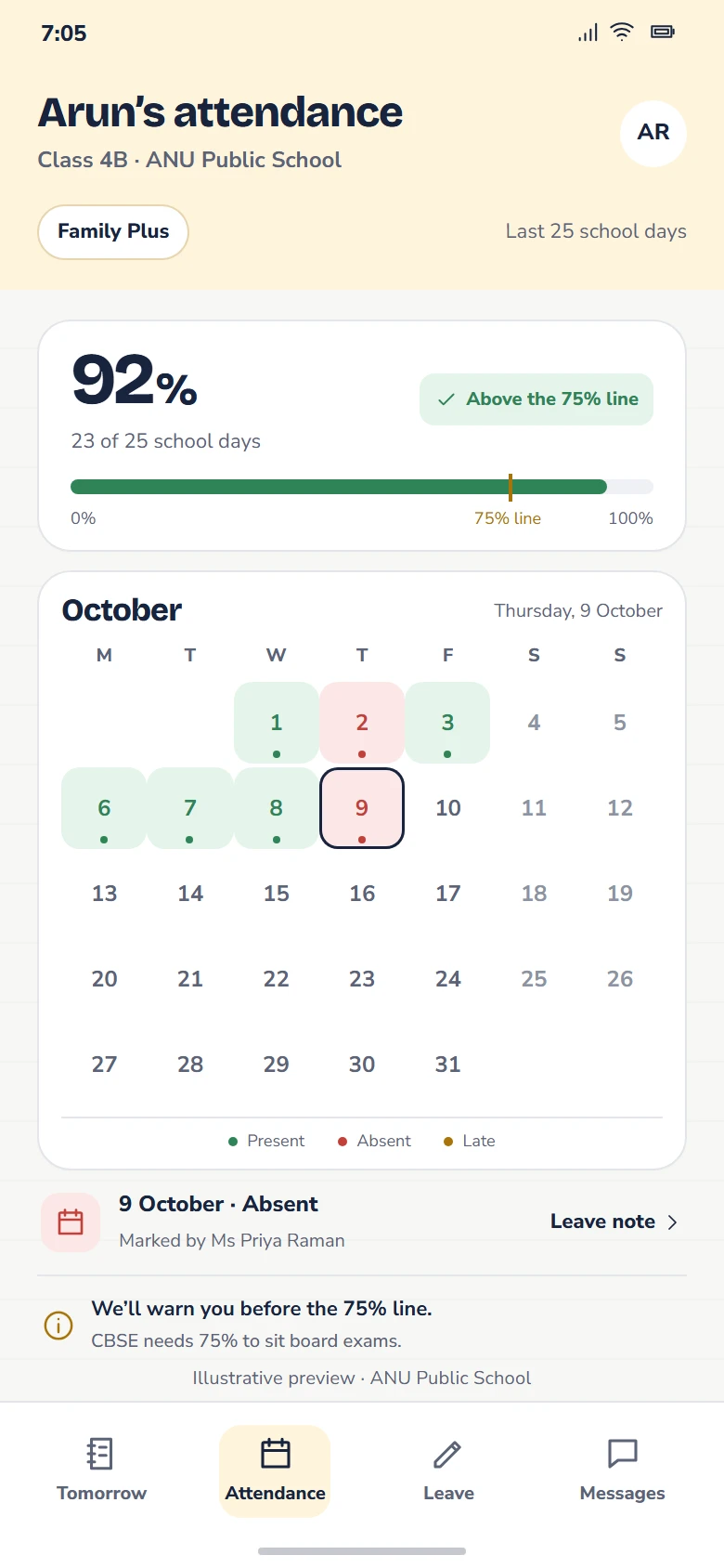Family Plus attendance calendar with the attendance percentage