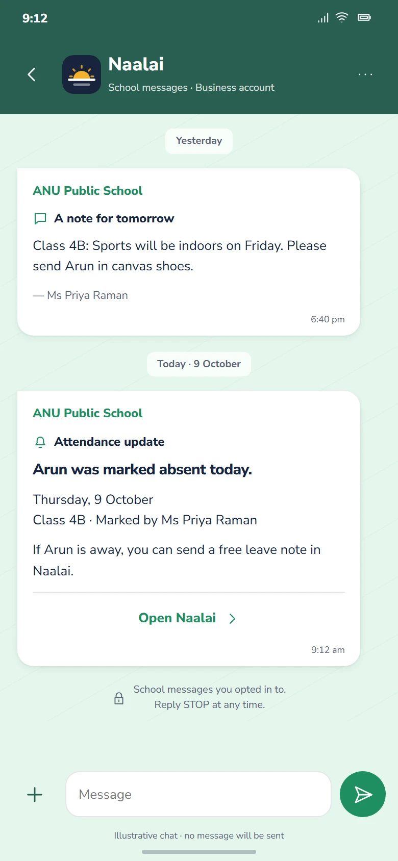 A WhatsApp message from the school about a child’s attendance