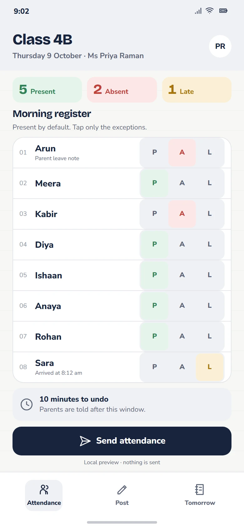 The class register with absent and late marks
